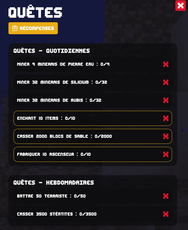 Interface des quêtes du Battle Pass